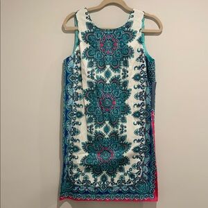 Women’s London Times Sleeveless Teal and Pink Patterned Dress - Size 10